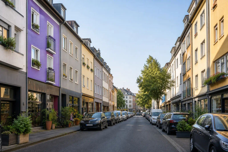 Kölner Wohnstraße mit bunten Nachkriegsfassaden