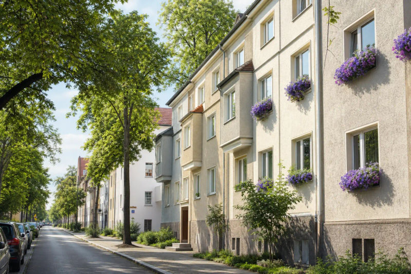 Münchner Wohnhäuser mit hellem Putz und Blumenkästen