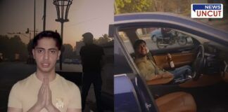 A composite image of a controversial public incident. On the left side, a man in a beige T-shirt with a teddy bear print folds his hands in an apologetic gesture, while behind him, another man is seen urinating near a streetlight in an open public area with traffic in the background. On the right side, a young man is sitting inside a luxury car, holding a beer bottle and smiling, with a street scene visible through the window. The image appears to depict an incident related to public misbehavior and legal consequences. The "News Uncut" logo is visible in the top right corner.