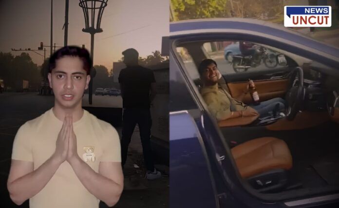A composite image of a controversial public incident. On the left side, a man in a beige T-shirt with a teddy bear print folds his hands in an apologetic gesture, while behind him, another man is seen urinating near a streetlight in an open public area with traffic in the background. On the right side, a young man is sitting inside a luxury car, holding a beer bottle and smiling, with a street scene visible through the window. The image appears to depict an incident related to public misbehavior and legal consequences. The 