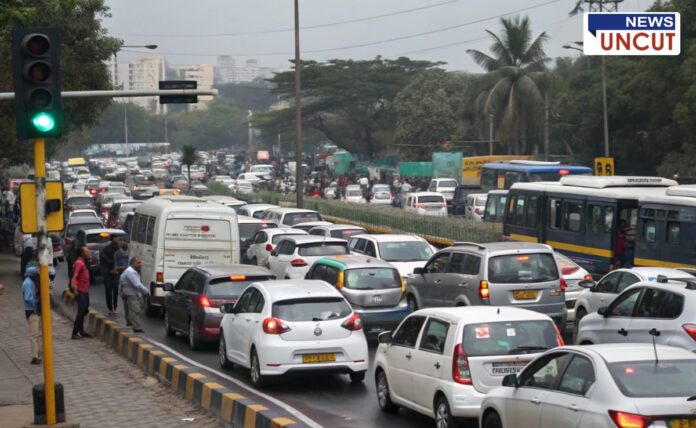 Heavy traffic congestion at Dapodi-Phugewadi due to a short-duration green signal. A long queue of vehicles, including cars, buses, and two-wheelers, is seen stuck at the traffic light. Pedestrians are walking along the roadside, highlighting the severe traffic bottleneck on this busy Pune-Pimpri-Chinchwad route.