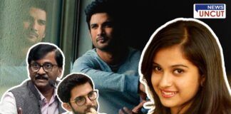 Collage featuring Disha Salian, Sushant Singh Rajput, Sanjay Raut, and Aditya Thackeray. The image highlights the resurgence of the Disha Salian death case in political debates, with calls for a CBI inquiry and new allegations resurfacing in Maharashtra politics.