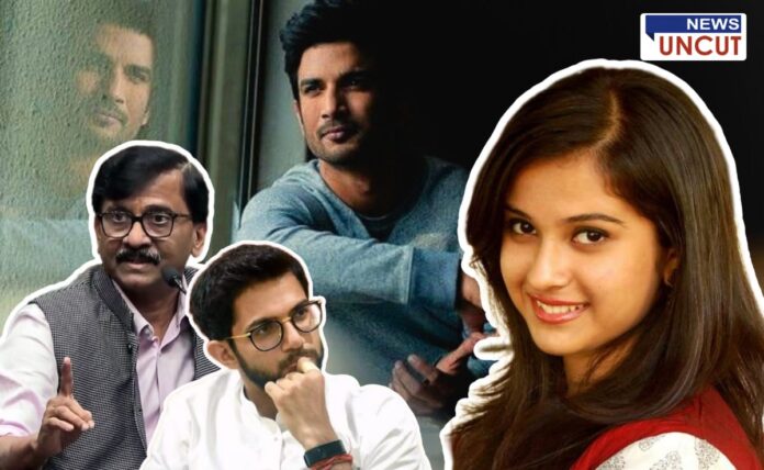 Collage featuring Disha Salian, Sushant Singh Rajput, Sanjay Raut, and Aditya Thackeray. The image highlights the resurgence of the Disha Salian death case in political debates, with calls for a CBI inquiry and new allegations resurfacing in Maharashtra politics.