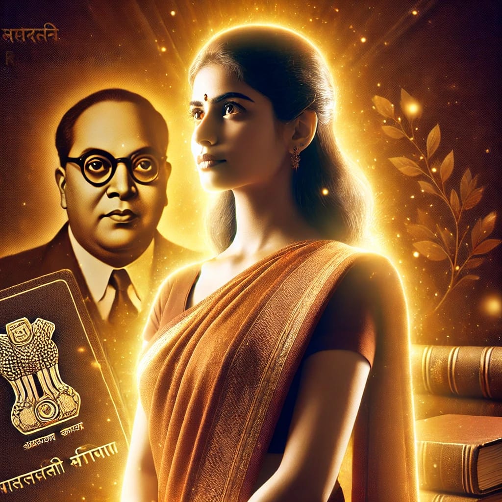 A glowing digital illustration of a confident Indian woman in a traditional saree, symbolizing empowerment and progress. Behind her is a portrait of Dr. B.R. Ambedkar, representing his role in advocating women's rights and social justice. The image also features the Indian Constitution, law books, and golden leaves, symbolizing knowledge, legal empowerment, and growth. The overall warm golden glow highlights enlightenment and the impact of Ambedkar's vision on women's empowerment.