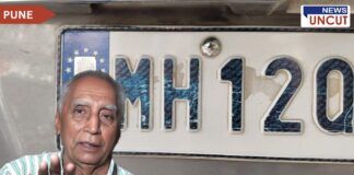 Senior citizen addressing concerns with a high-security vehicle number plate in the background. The number plate features blue holographic security markings and a damaged surface, symbolizing issues raised about security plate implementation.