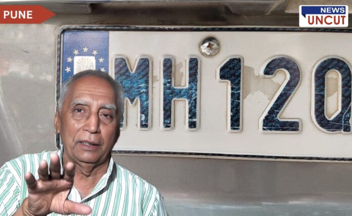 Senior citizen addressing concerns with a high-security vehicle number plate in the background. The number plate features blue holographic security markings and a damaged surface, symbolizing issues raised about security plate implementation.