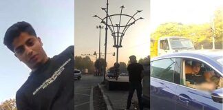 A collage of three images showing a young man in a black t-shirt. In the first image, he is looking at the camera. In the second image, he is seen urinating in the middle of a public road near a decorative streetlight. In the third image, he is sitting inside a blue luxury car, interacting with someone outside the vehicle. The background includes traffic, trees, and a busy urban setting.