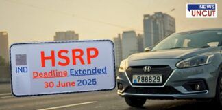 A silver Honda car with an Indian number plate is seen on a highway, highlighting the importance of High-Security Registration Plates (HSRP). A close-up of an HSRP is displayed, emphasizing the extended deadline of June 30, 2025, for vehicle owners to install these secure plates. The image represents the Indian government's initiative to enhance vehicle security and streamline identification. The "News Uncut" logo is visible in the top-right corner.