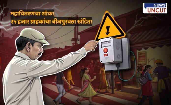 An illustrated scene of a government officer in a uniform switching off an electricity supply box with a warning sign. The background shows a busy street with people walking, a marketplace, and workers engaged in daily activities. The image has a dramatic tone with lightning effects, symbolizing power cuts. The text in Marathi highlights the news about electricity disconnections affecting 25,000 consumers due to unpaid bills. The 