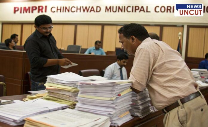 Officials reviewing tender documents at the Pimpri Chinchwad Municipal Corporation office. Stacks of files on the table highlight the volume of paperwork involved in the tender process. Concerns have been raised over alleged irregularities in the tendering system.