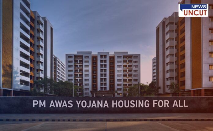 PM AWAS YOJANA HOUSING FOR ALL A modern housing complex under the PM Awas Yojana, featuring multiple high-rise apartment buildings with balconies and greenery. A signboard in the foreground displays