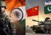 An Indian soldier in full combat gear stands against the backdrop of the Indian flag on the left side, symbolizing India's defense forces. On the right side, a military tank with the flags of China and Pakistan is positioned under a cloudy sky, representing the military presence of both nations. The image visually depicts the geopolitical tensions at India's borders.