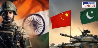 An Indian soldier in full combat gear stands against the backdrop of the Indian flag on the left side, symbolizing India's defense forces. On the right side, a military tank with the flags of China and Pakistan is positioned under a cloudy sky, representing the military presence of both nations. The image visually depicts the geopolitical tensions at India's borders.