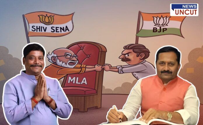 Political rivalry in Kasba A humorous illustration of two cartoon characters fighting for an MLA chair, with Shiv Sena and BJP flags in the background. Real images of politicians Ravindra Dhangekar and Hemant Rasne are added in the foreground, representing the political dispute.