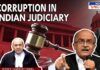 corruption in the Indian judiciary. The image features a gavel in the center, symbolizing justice, with a red-tinted background of the Supreme Court. On the right, activist-lawyer Prashant Bhushan is seen speaking into a microphone, and on the left, Justice Yashwant Verma is shown in judicial robes.
