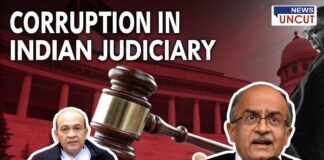 corruption in the Indian judiciary. The image features a gavel in the center, symbolizing justice, with a red-tinted background of the Supreme Court. On the right, activist-lawyer Prashant Bhushan is seen speaking into a microphone, and on the left, Justice Yashwant Verma is shown in judicial robes.