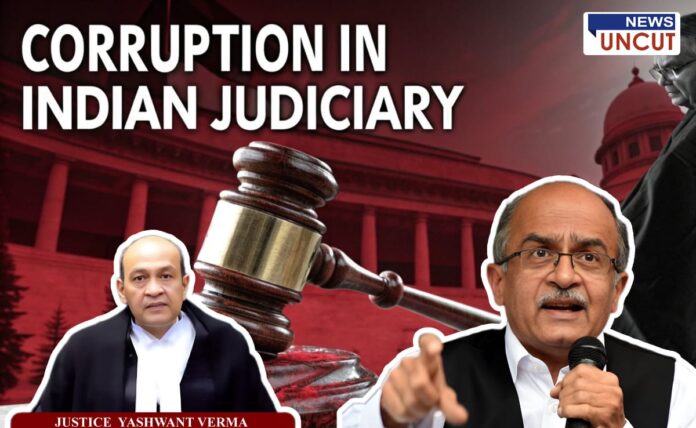 corruption in the Indian judiciary. The image features a gavel in the center, symbolizing justice, with a red-tinted background of the Supreme Court. On the right, activist-lawyer Prashant Bhushan is seen speaking into a microphone, and on the left, Justice Yashwant Verma is shown in judicial robes.