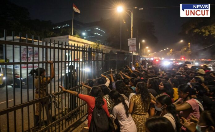 Pune Jail Womens Police Bharti A large crowd of young women gathers outside a gated police recruitment center in Pune at night. Some are seen pushing against the iron gate while security personnel try to manage the situation. The dimly lit scene is illuminated by streetlights and vehicle headlights, with a tense atmosphere as the crowd struggles to enter. A woman in a red dress reaches out toward the gate, while others look on anxiously. The background features a government building with an Indian flag and traffic congestion, adding to the chaotic environment.