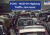 Heavy traffic congestion on the Pune-Nashik Highway, with long queues of cars, auto-rickshaws, and two-wheelers stuck in a jam. The image highlights the daily struggle of commuters facing severe roadblock issues. A 'NEWS UNCUT' banner is visible, emphasizing the news coverage of the traffic situation.