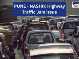 Heavy traffic congestion on the Pune-Nashik Highway, with long queues of cars, auto-rickshaws, and two-wheelers stuck in a jam. The image highlights the daily struggle of commuters facing severe roadblock issues. A 'NEWS UNCUT' banner is visible, emphasizing the news coverage of the traffic situation.