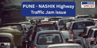 Heavy traffic congestion on the Pune-Nashik Highway, with long queues of cars, auto-rickshaws, and two-wheelers stuck in a jam. The image highlights the daily struggle of commuters facing severe roadblock issues. A 'NEWS UNCUT' banner is visible, emphasizing the news coverage of the traffic situation.
