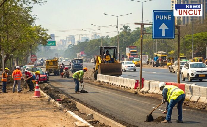 Road widening work underway in Pune to improve traffic flow. Workers and construction machinery are engaged in road development, with traffic and city buildings visible in the background. A directional sign indicating Pune is also seen in the image.