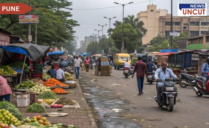 A busy street in Pune with fruit and vegetable vendors occupying the footpath. Stalls with fresh produce such as oranges, cabbages, and leafy greens line the sidewalk. Pedestrians walk alongside vehicles, including scooters and a yellow van, on a road scattered with waste. Buildings and trees are visible in the background,showcasing a typical urban Pune market scene.
