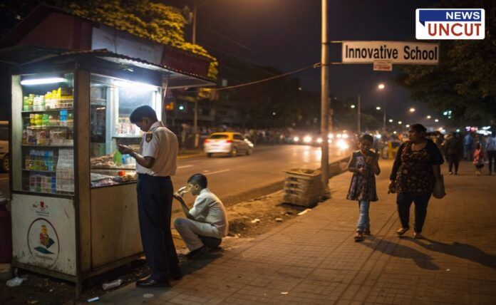 A nighttime street scene near Innovative School shows a small roadside stall selling tobacco products. A young schoolboy in uniform is purchasing an item from the vendor, while another boy sits nearby smoking. In the background, vehicles pass by on a busy road, and pedestrians, including a woman and a young girl, walk along the sidewalk. The dim lighting and informal setup highlight concerns about underage tobacco sales and public safety in the area.