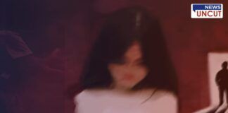 A blurred and distressed-looking girl in a white dress is in the foreground, with a dark and ominous background. A shadowy figure appears in the distance, creating a sense of fear and danger. The image has a somber and unsettling tone, symbolizing vulnerability and threat.