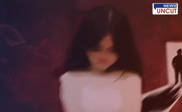 A blurred and distressed-looking girl in a white dress is in the foreground, with a dark and ominous background. A shadowy figure appears in the distance, creating a sense of fear and danger. The image has a somber and unsettling tone, symbolizing vulnerability and threat.