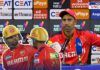 Punjab Kings' Shashank Singh addresses the press after IPL 2025 match against Gujarat Giants. The thumbnail highlights the controversy where Shashank did not give strike to Shreyas Iyer, leading to Iyer missing his century. The background features an IPL press conference setting and Punjab Kings players celebrating.