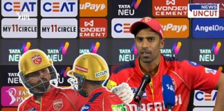 Punjab Kings' Shashank Singh addresses the press after IPL 2025 match against Gujarat Giants. The thumbnail highlights the controversy where Shashank did not give strike to Shreyas Iyer, leading to Iyer missing his century. The background features an IPL press conference setting and Punjab Kings players celebrating.