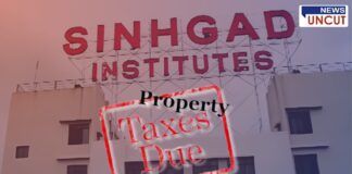 Image of Singhgad Institutes building with a red 'Taxes Due' stamp overlay, indicating unpaid property taxes-Property Taxes Due - Official notice regarding pending tax payments