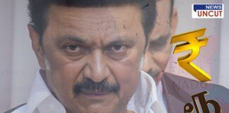 Tamil Nadu Chief Minister M.K. Stalin with an intense expression, alongside the Indian Rupee and Tamil script currency symbols. The background includes a faded map with Tamil Nadu marked, raising questions about political or financial issues