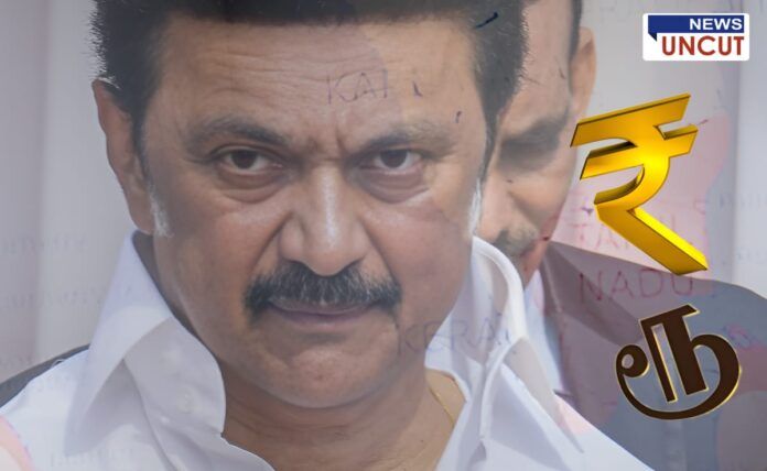 Tamil Nadu Chief Minister M.K. Stalin with an intense expression, alongside the Indian Rupee and Tamil script currency symbols. The background includes a faded map with Tamil Nadu marked, raising questions about political or financial issues