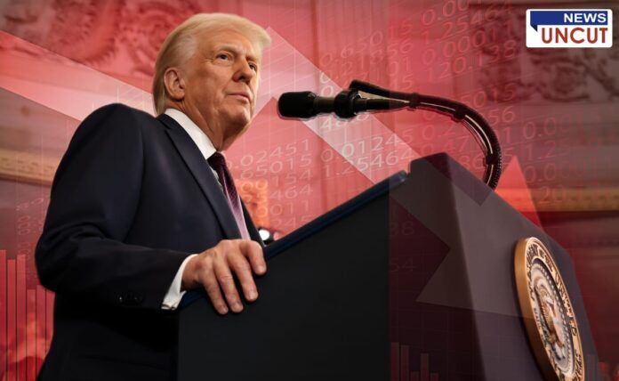 A digital illustration depicting the impact of a stock market crash, featuring a businessman (resembling Elon Musk) looking at a large digital screen displaying falling stock graphs. The background includes Wall Street with a stormy sky, symbolizing economic uncertainty. The color palette is dark and moody, emphasizing financial instability.