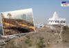Tukai Tekdi in Pune showing environmental destruction due to illegal deforestation. A temple is visible on the hilltop, while a highlighted inset image shows barren land with burnt trees and urban buildings in the background. The image represents the impact of encroachment and administrative negligence.