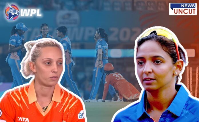 WPL 2025 च्या एलिमिनेटर सामन्यात मुंबई इंडियन्सने गुजरात संघाचा पराभव करून अंतिम फेरीत प्रवेश केला. समोर हरमनप्रीत कौर आणि गुजरातच्या खेळाडूचा क्लोजअप, तर पार्श्वभूमीत मुंबईच्या खेळाडूंचा जल्लोष. In the WPL 2025 Eliminator match, Mumbai Indians defeated Gujarat Giants to secure a place in the final. Close-up images of Harmanpreet Kaur and a Gujarat player, with Mumbai players celebrating