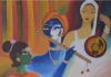 Illustration symbolizing Radha, Meera, and Krishna's divine connection-Meera devotedly holding Radha's hand while Radha shares a loving bond with Krishna, representing different forms of devotion and love.