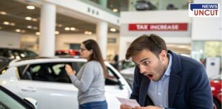 A shocked man in a blue blazer looking at a price receipt inside a car showroom. Behind him, a woman is examining a white car. A red sign in the background reads 'TAX INCREASE,' indicating rising vehicle costs.