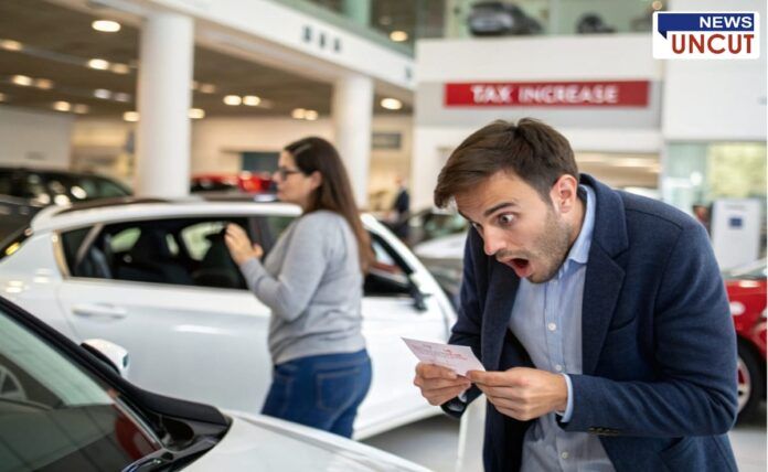Pune Big blow to vehicle buyers A shocked man in a blue blazer looking at a price receipt inside a car showroom. Behind him, a woman is examining a white car. A red sign in the background reads 'TAX INCREASE,' indicating rising vehicle costs.