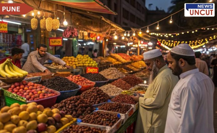 A bustling market during Ramadan, illuminated with decorative string lights. A variety of dates and dried fruits are neatly arranged in trays at a stall. Two men in traditional Islamic attire examine the dates, while a shopkeeper organizes the produce. Other fruits like bananas, peaches, and oranges are also displayed, adding to the vibrant atmosphere of the evening market.