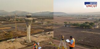 "Purandar airport land survey and development progress. One side shows an advanced airport with a control tower and infrastructure, while the other side depicts land surveyors working on site, preparing for construction. The image represents the transition from planning to development of the much-anticipated airport project in Pune, Maharashtra."