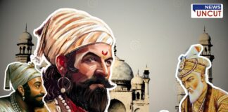 "An artistic depiction of Chhatrapati Shivaji Maharaj in the center, symbolizing justice and valor, with a contrasting portrayal of Aurangzeb on the right, representing historical controversy. Another Maratha figure is seen on the left, possibly depicting the warrior legacy. The background features a historical monument, resembling Aurangzeb’s tomb, emphasizing the ongoing debate about history, politics, and religious narratives in Maharashtra."