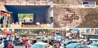 Chinchwad Station flyover issues: The image shows three scenes highlighting the deteriorating condition of the Chinchwad flyover. The first image captures a blocked underpass with barricades, restricting access. The second image is a close-up of the damaged bridge surface, revealing exposed reinforcement bars. The third image depicts severe traffic congestion near the station, with vehicles and commuters struggling through the jam.