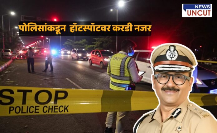 A nighttime police checkpoint scene on a busy road with flashing red and blue lights from vehicles. A yellow 