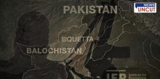 A dark-themed geopolitical map highlighting Pakistan, with a focus on Balochistan and Quetta. The image includes the "Institute for Economics & Peace (IEP)" logo and a shadow of an assault rifle, symbolizing terrorism.