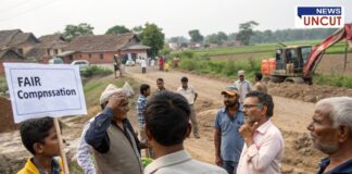 Villagers protesting against land acquisition for the Hinjewadi-Man road widening project. A young protester holds a sign demanding 'Fair Compensation,' while local residents argue with an official at the construction site. An excavator and partially built road are visible in the background, highlighting the ongoing development.