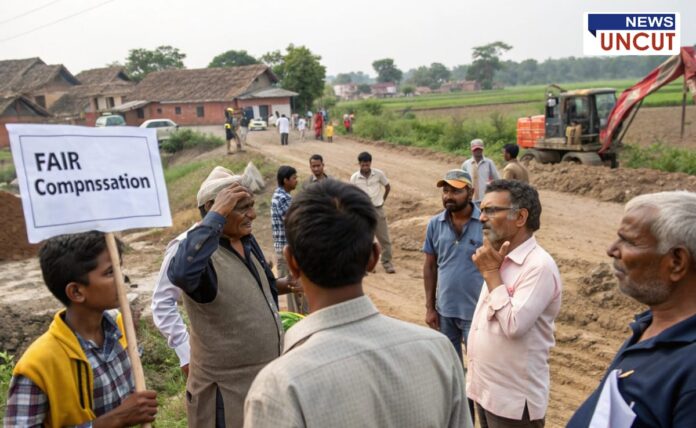 Villagers protesting against land acquisition for the Hinjewadi-Man road widening project. A young protester holds a sign demanding 'Fair Compensation,' while local residents argue with an official at the construction site. An excavator and partially built road are visible in the background, highlighting the ongoing development.