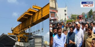 Ongoing construction of the Katraj Flyover in Pune with large yellow girders being installed. On the right side, local authorities, including MLA Yogesh Tilekar, are inspecting the site with officials and police personnel, discussing the project's progress and expected completion.